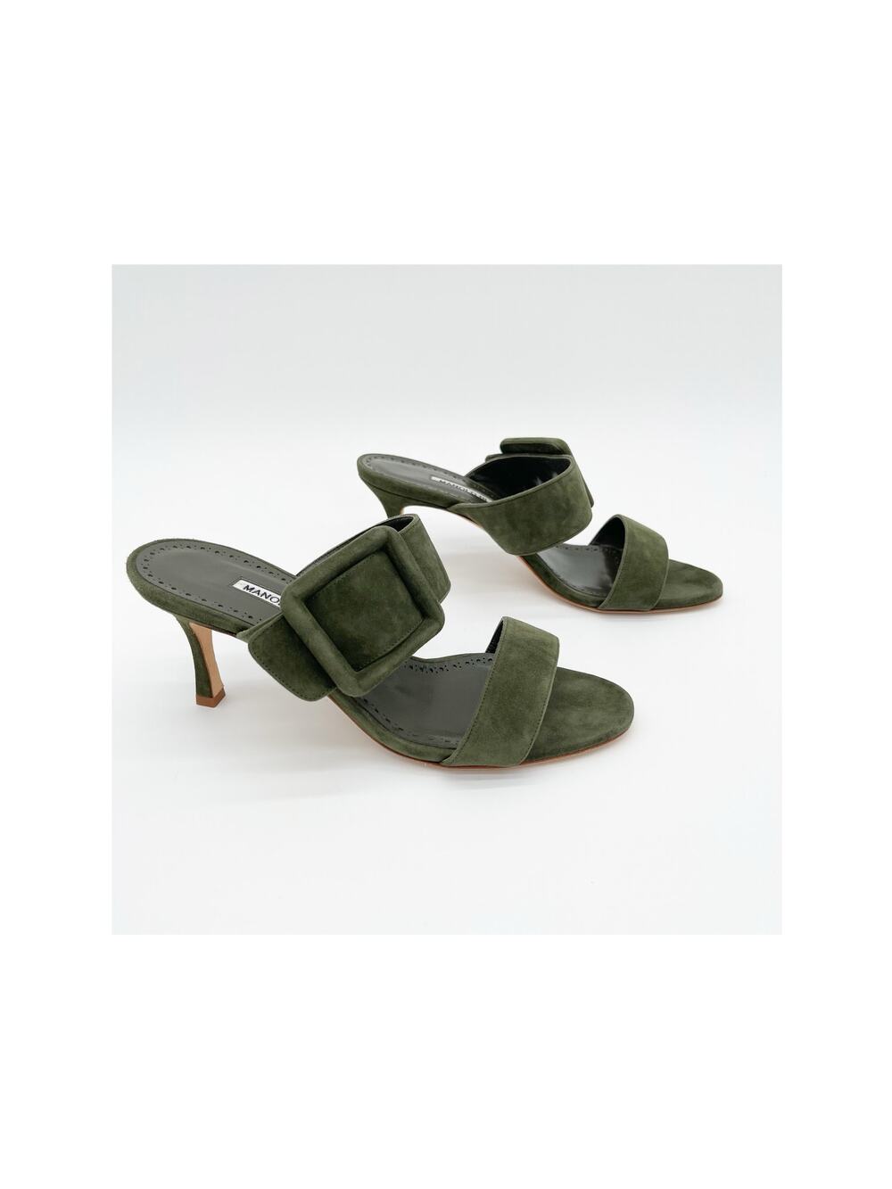 Manolo Blahnik Gable Green Suede Buckle Open Toe Stiletto Sandals Mules IT 37.5